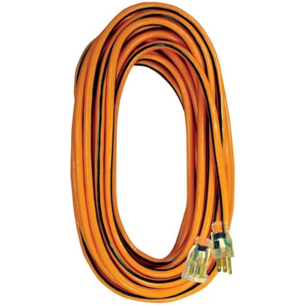Heavy-duty extension cord with a thick orange outer casing, transparent plug ends, and reinforced prongs.