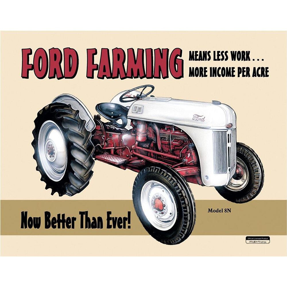 Vintage Ford Farming sign featuring a Model 8N tractor with bold text promoting efficiency and higher income.