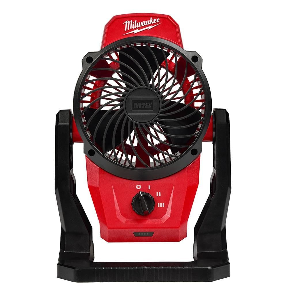 Milwaukee M12 portable fan with an adjustable frame, a sturdy base, a front grille, and a control dial for speed settings.