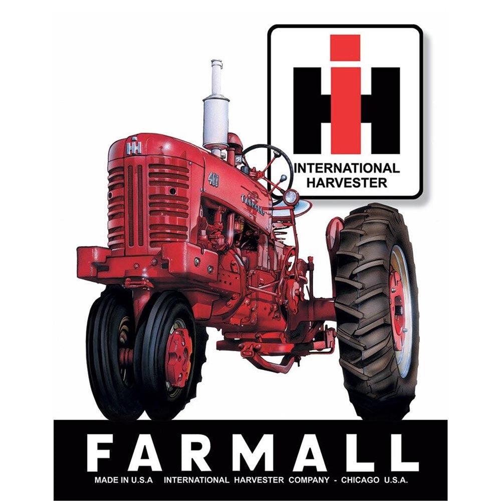 Sign featuring a red Farmall tractor with the International Harvester logo and bold branding below.