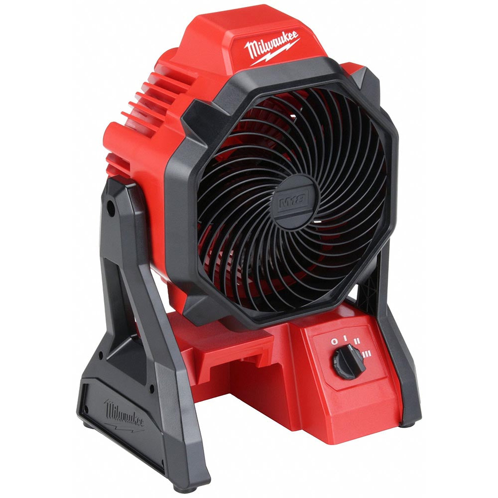 Milwaukee M18 cordless job site fan with adjustable speed settings, durable frame, and pivoting head for targeted airflow.