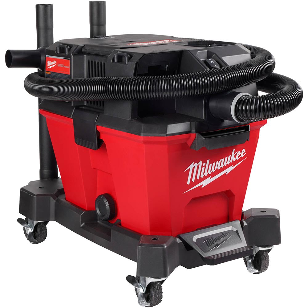 Milwaukee M18 wet/dry vacuum with a durable design, flexible hose, and caster wheels for easy maneuverability and efficient debris collection.