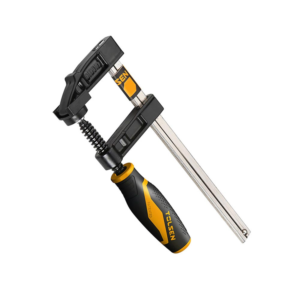 Adjustable Tolsen bar clamp featuring a metal rod, textured ergonomic handle, and durable clamping jaws.