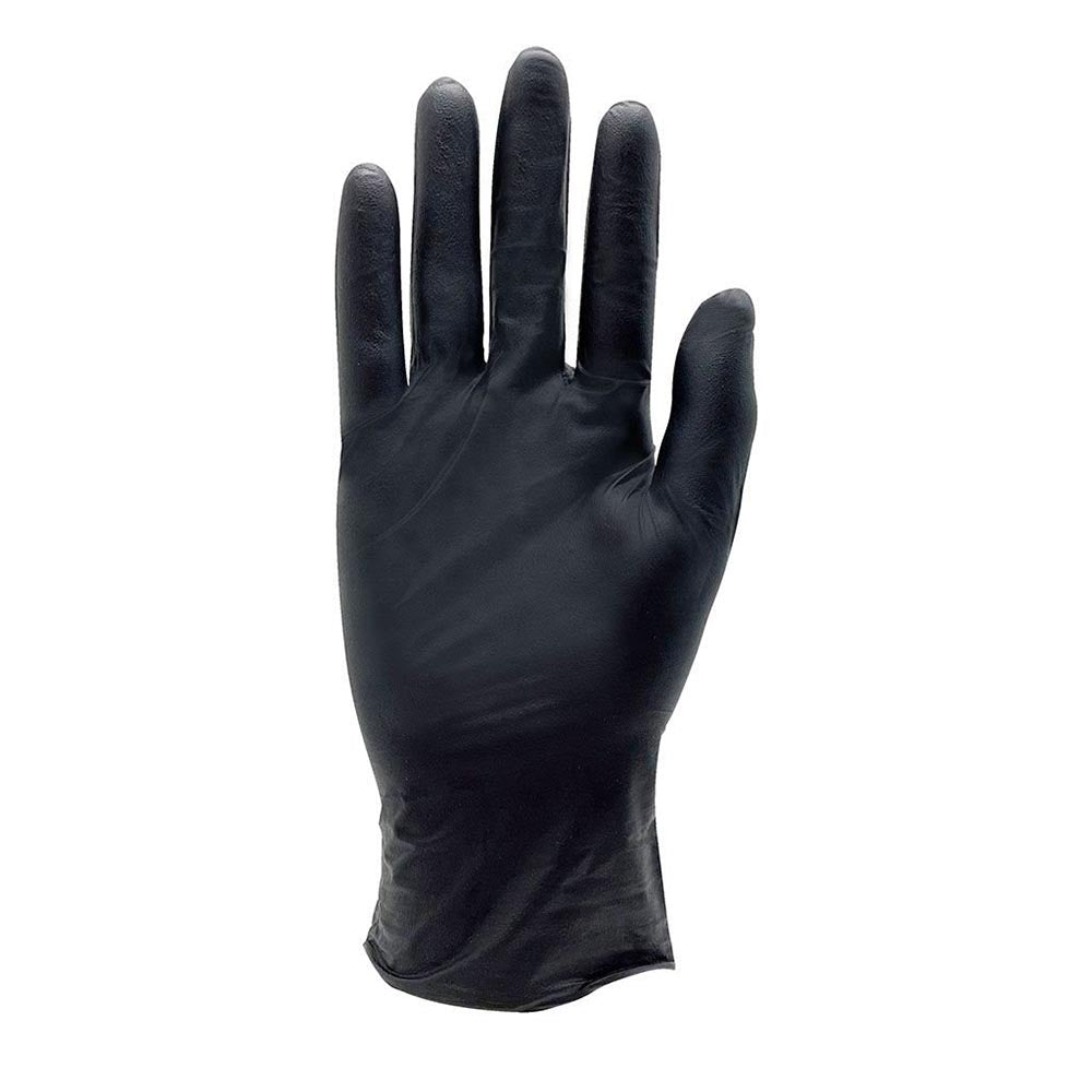 Disposable black nitrile glove with a snug fit, smooth surface, and a slightly rolled cuff for a secure grip.
