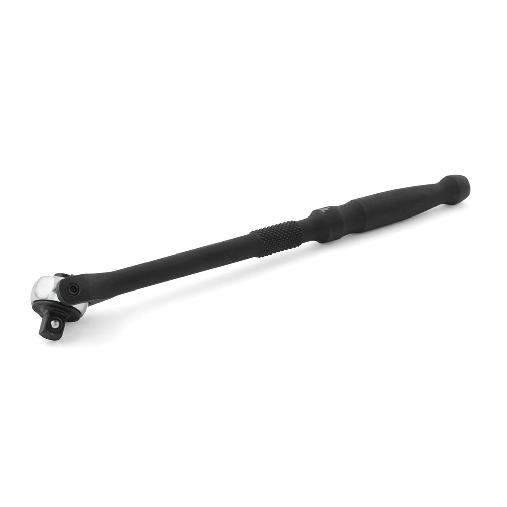 Long-handled ratchet with pivoting chrome head, knurled grip section, and smooth black extended handle
