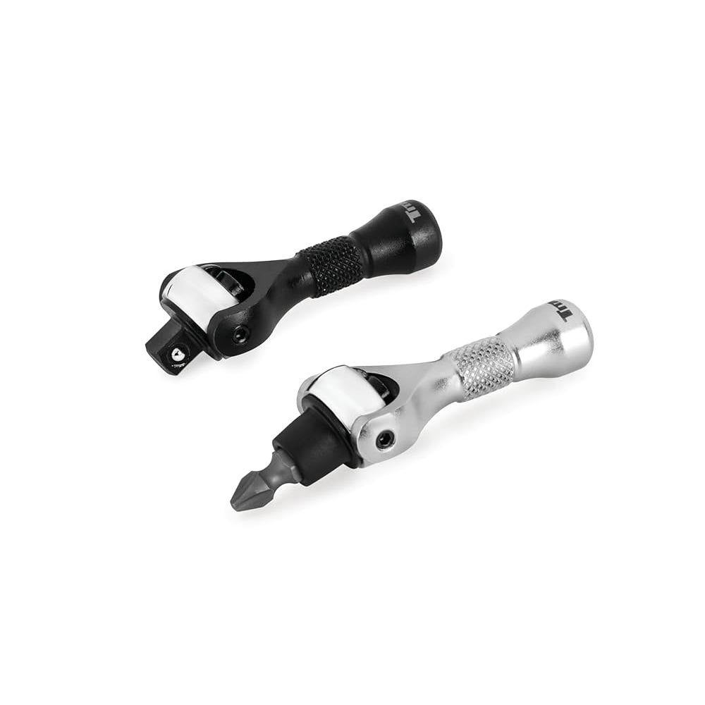 Two compact ratcheting tools with knurled handles, swivel heads, and interchangeable bit attachments