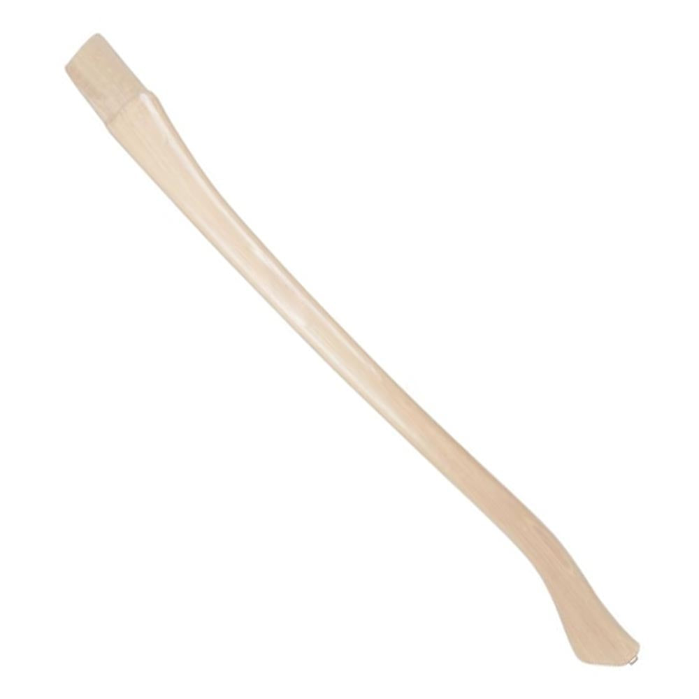 Curved smooth wooden handle with tapered top and flared bottom, shaped for tool attachment
