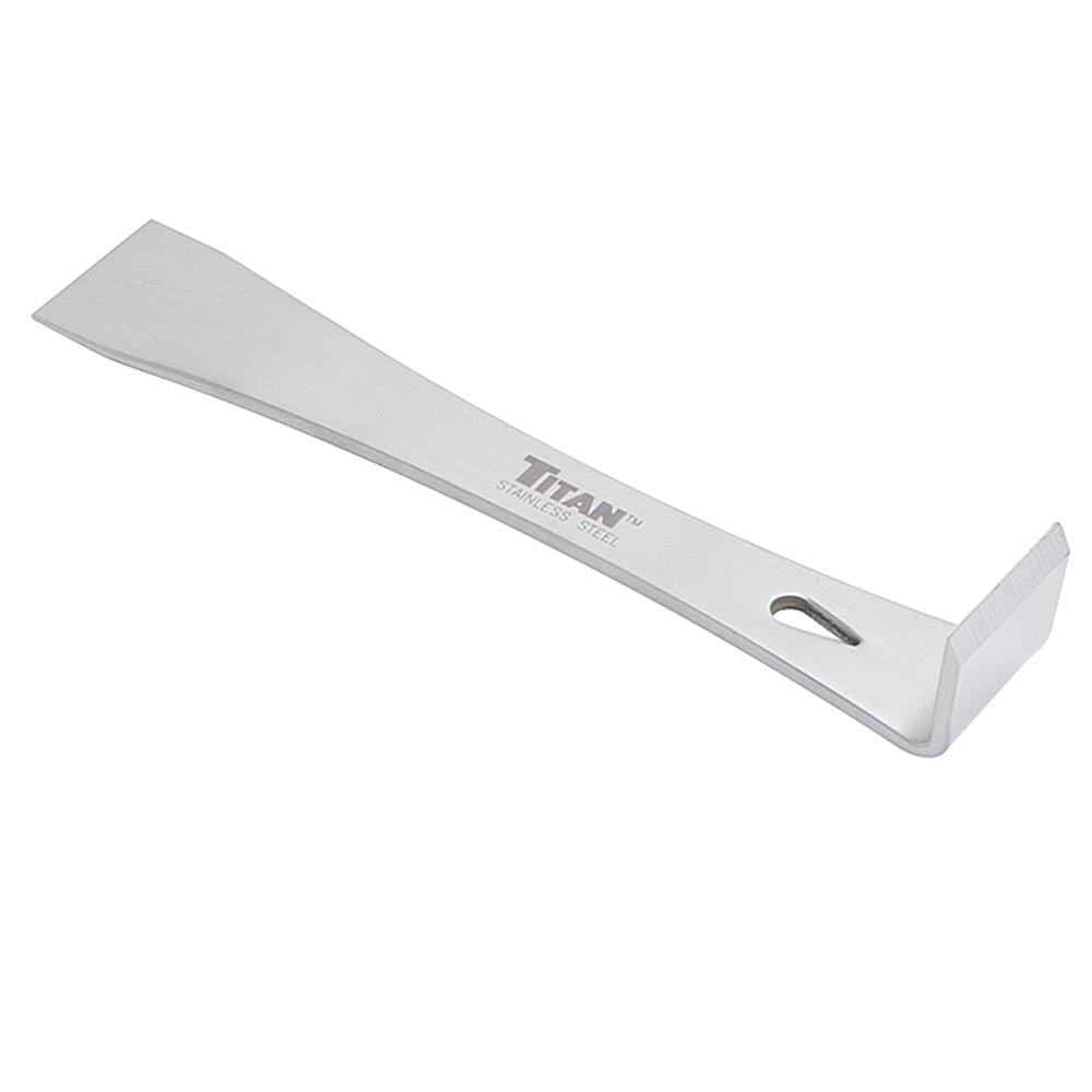 Titan stainless steel bar with angled claw end, tapered flat edge, and oval cutout near center