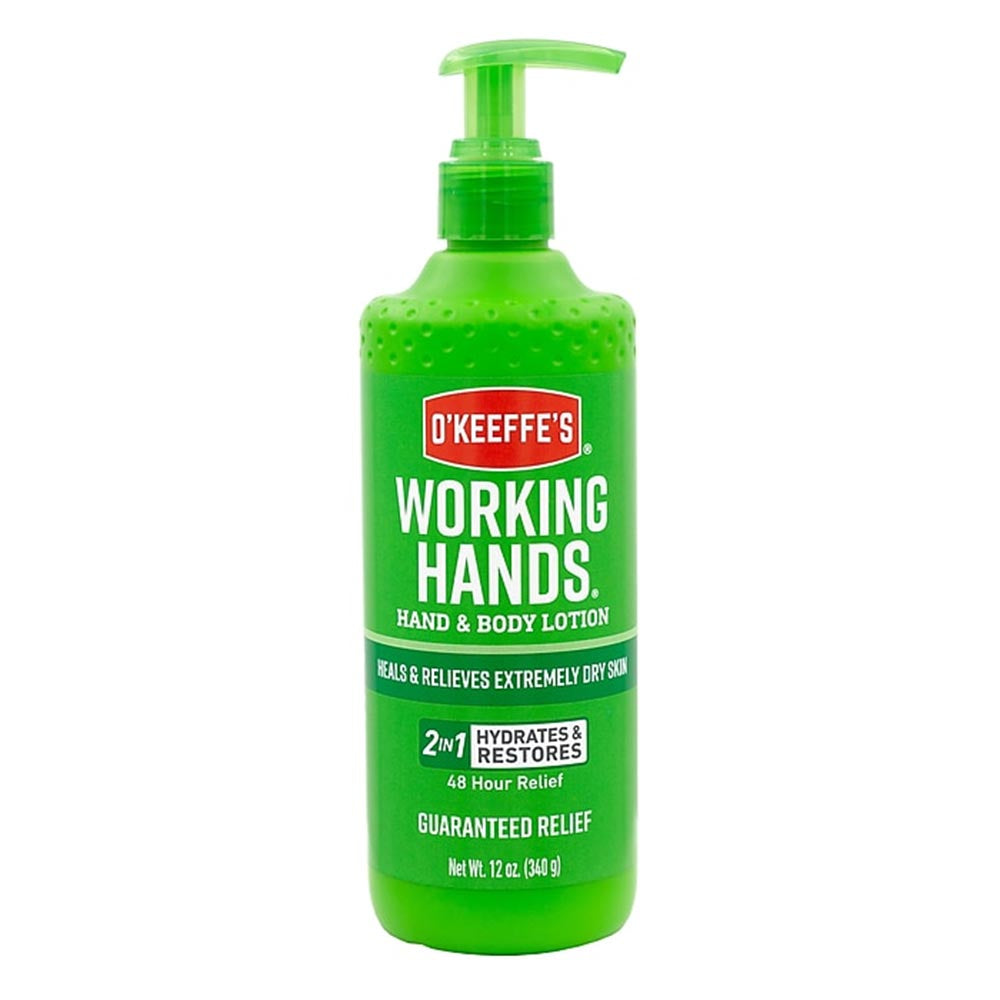 O'Keeffe's Working Hands lotion in a tall green pump bottle with textured grip, bold branding, and hydration claims.