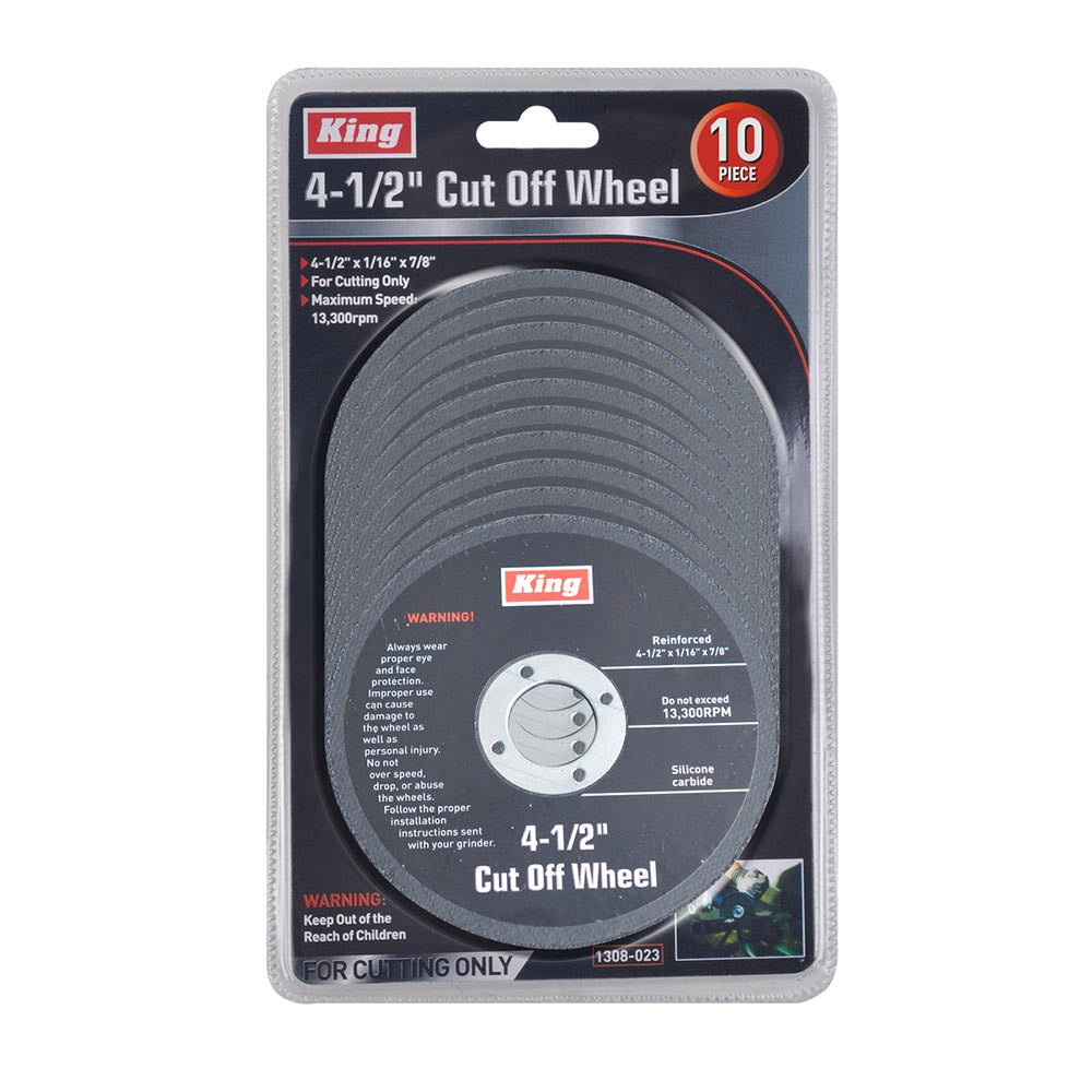 King 4-1/2 inch cut-off wheels, 10-piece pack, reinforced for durability, with a maximum speed of 13,300 RPM.