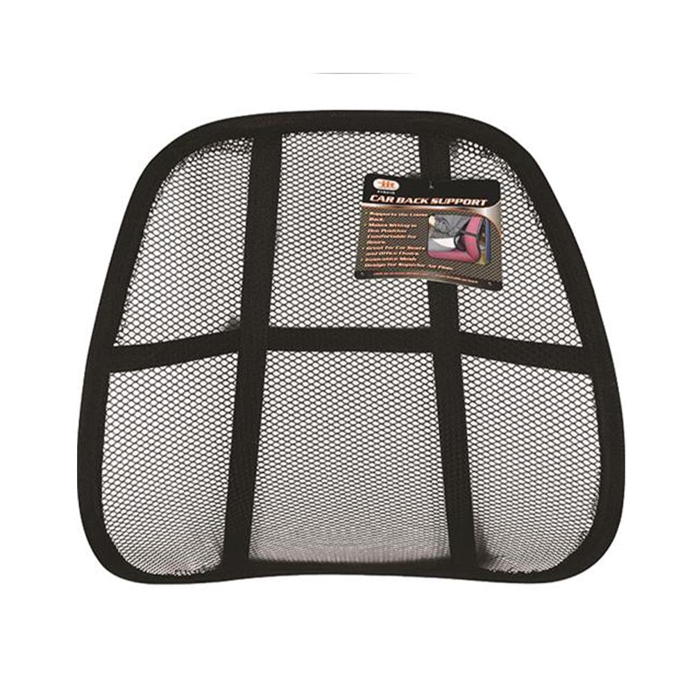 Mesh lumbar back support with a curved frame and breathable netting designed to attach to a chair.