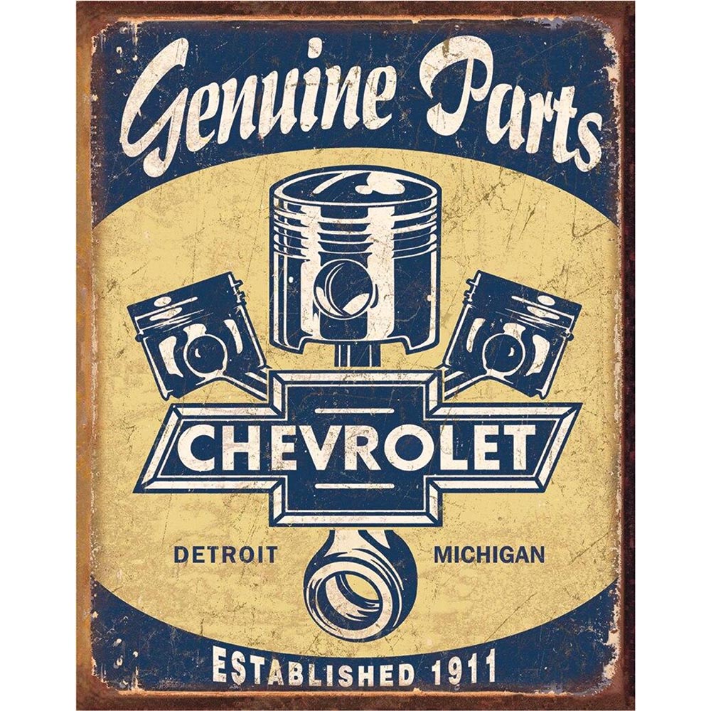 Retro-style Chevrolet parts sign, showing engine pistons and crankshaft, with "Detroit, Michigan" text.