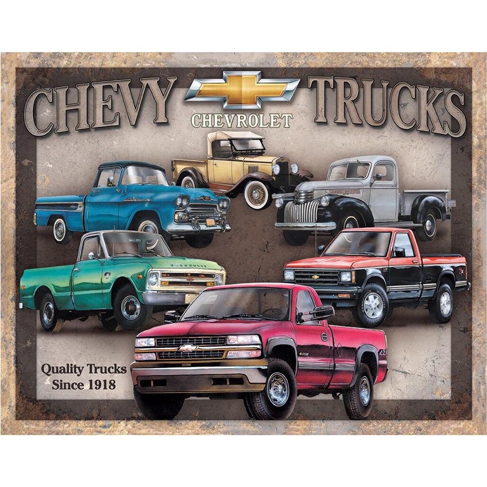 Vintage Chevy Trucks sign showcasing various classic truck models with the Chevrolet logo and text.