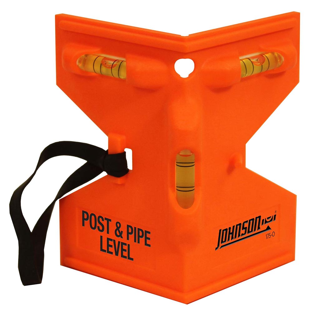 Johnson post and pipe level with a bright orange plastic body, integrated vials, and an adjustable black strap.