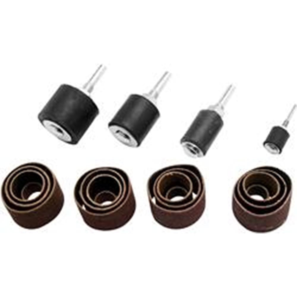 Assorted size rubber drum holders with silver shafts, shown alongside nested rolls of sanding sleeves