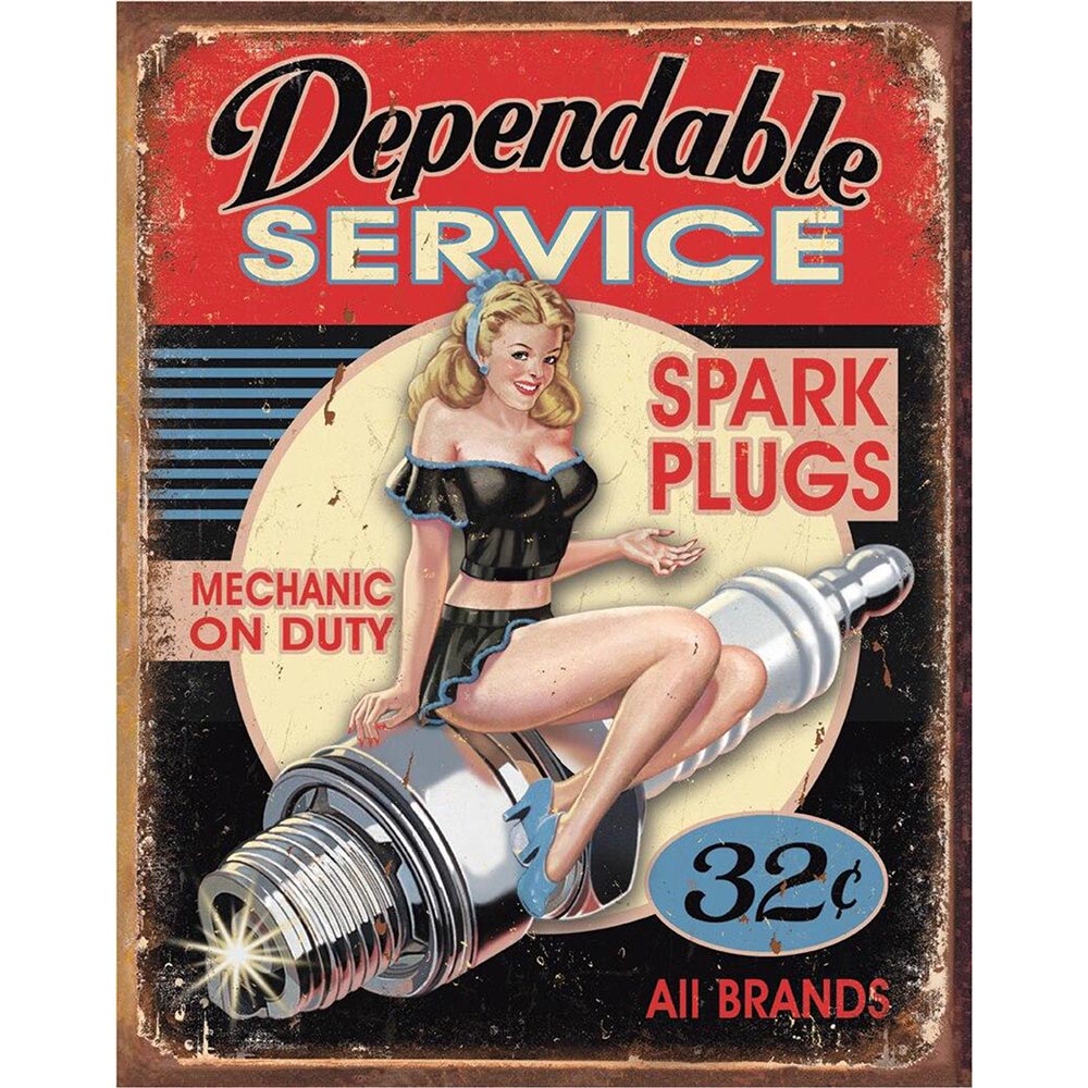 Retro sign advertising spark plugs with a pin-up girl illustration, emphasizing "Dependable Service" and "Mechanic on Duty."