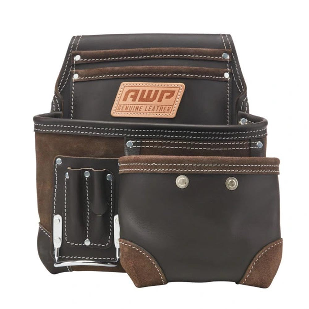 AWP tool pouch made of genuine leather with reinforced stitching, riveted corners, and multiple compartments