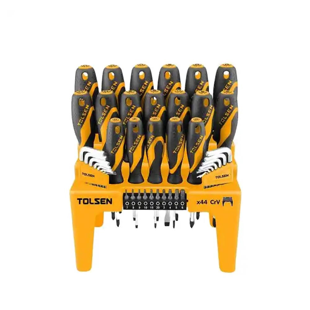 Comprehensive Tolsen tool set featuring screwdrivers, bits, and precision tools in an organized yellow holder.