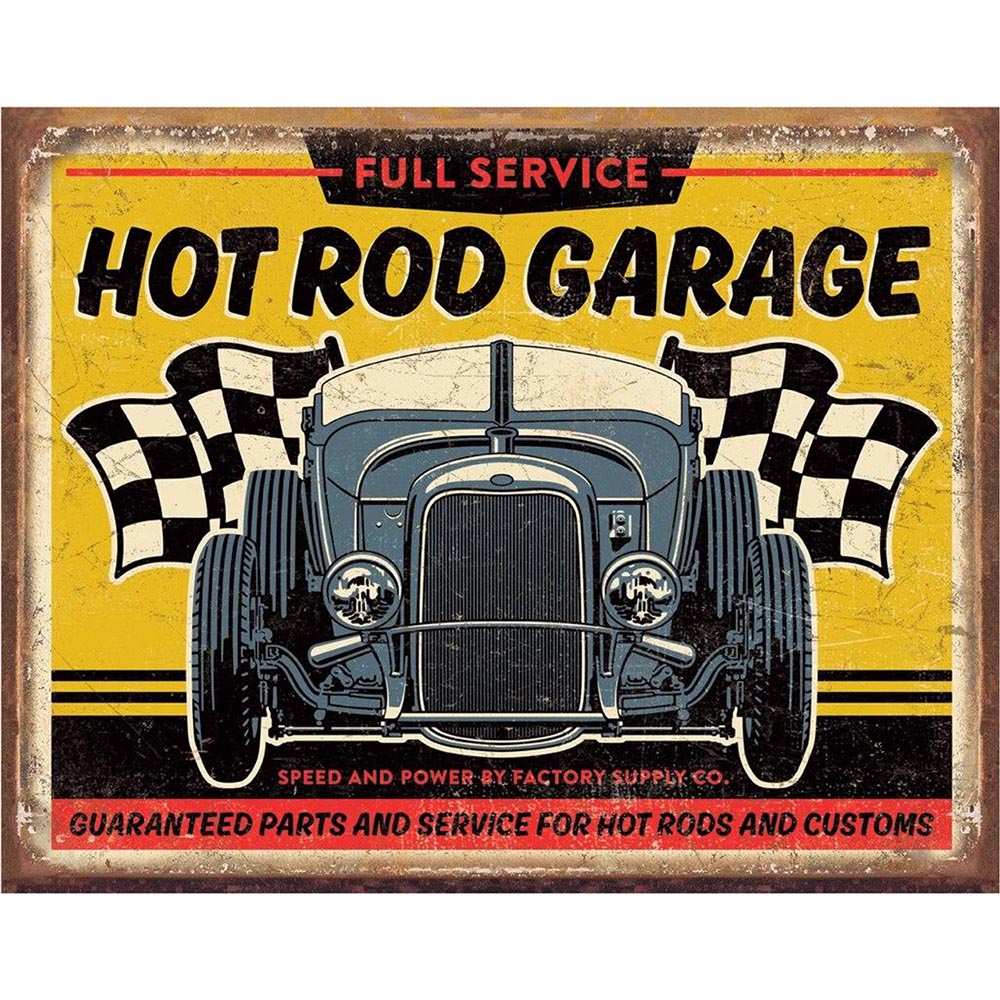 Retro-style "Hot Rod Garage" sign featuring a classic hot rod car with checkered flags in the background.