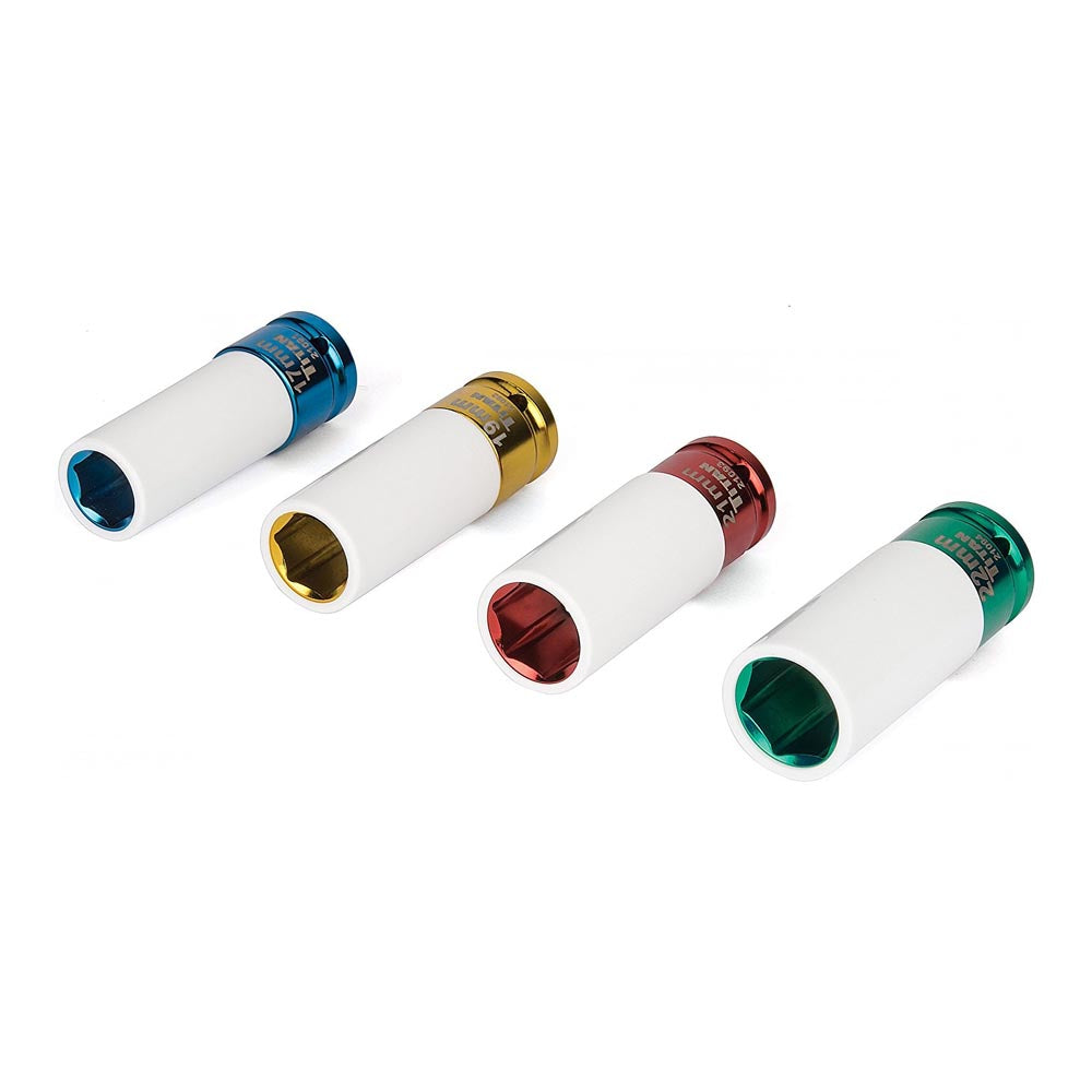 Set of four long sockets with white outer sleeves and color-coded hex ends in blue, gold, red, and green