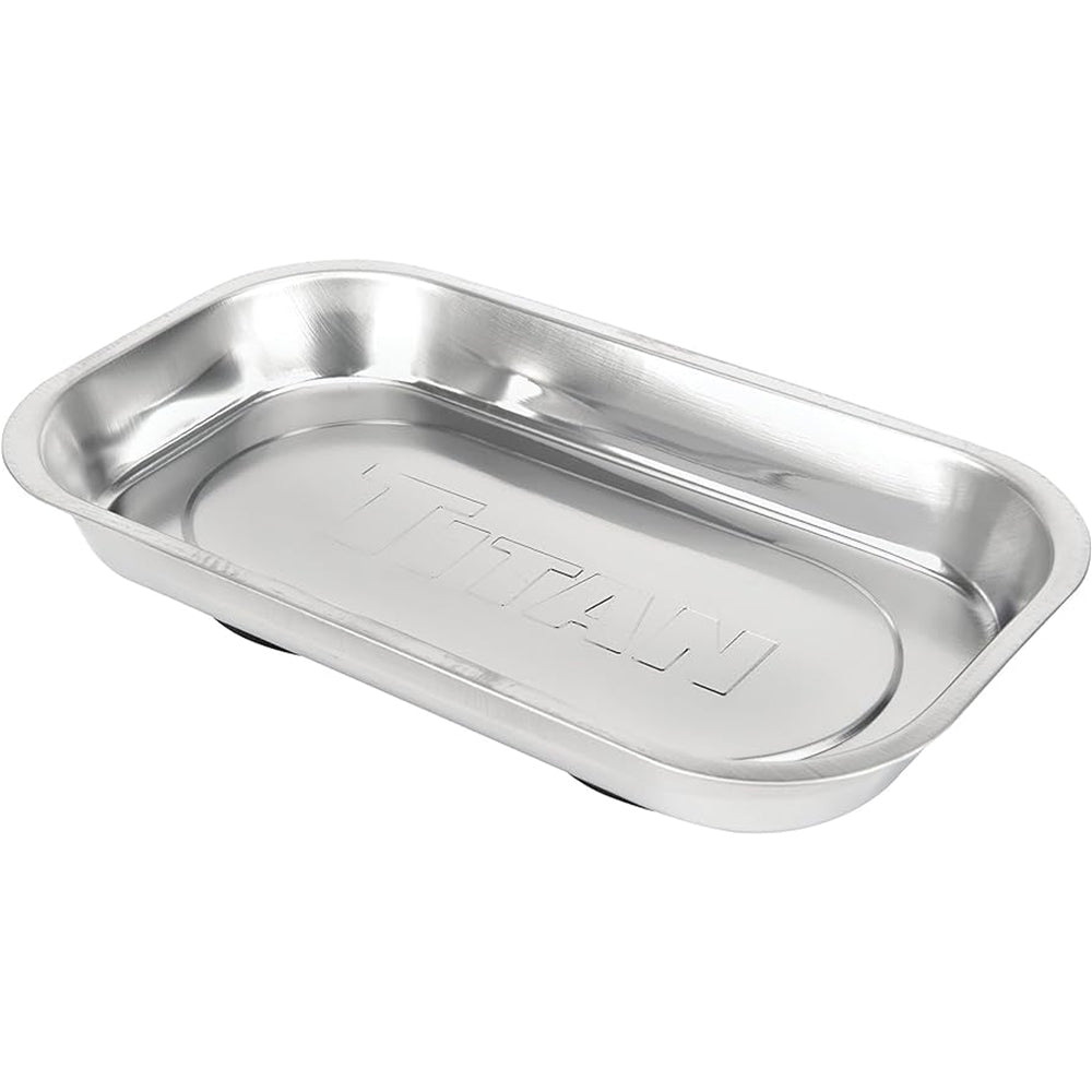 Titan rectangular stainless steel magnetic tray with raised edges and embossed logo on the base.