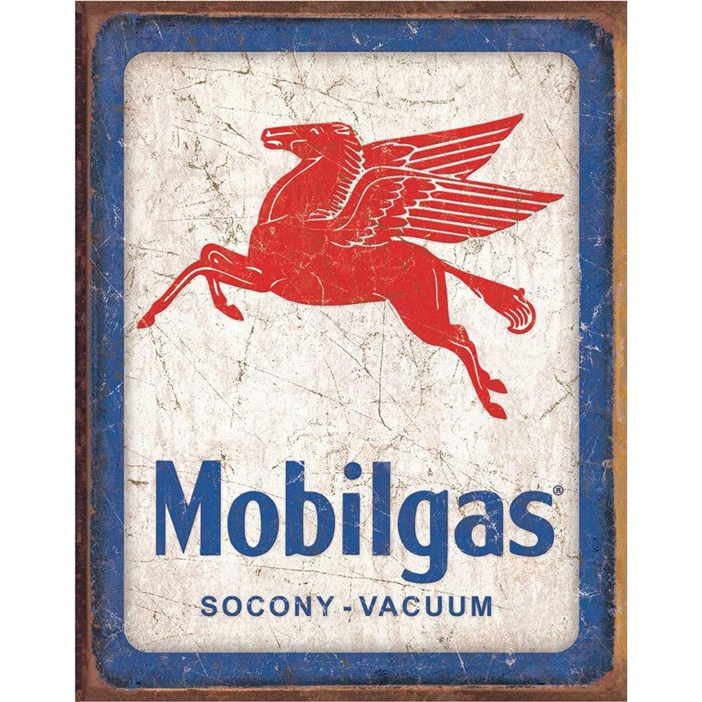 Vintage Mobilgas sign featuring the iconic red Pegasus logo and bold text, framed by a distressed blue border.