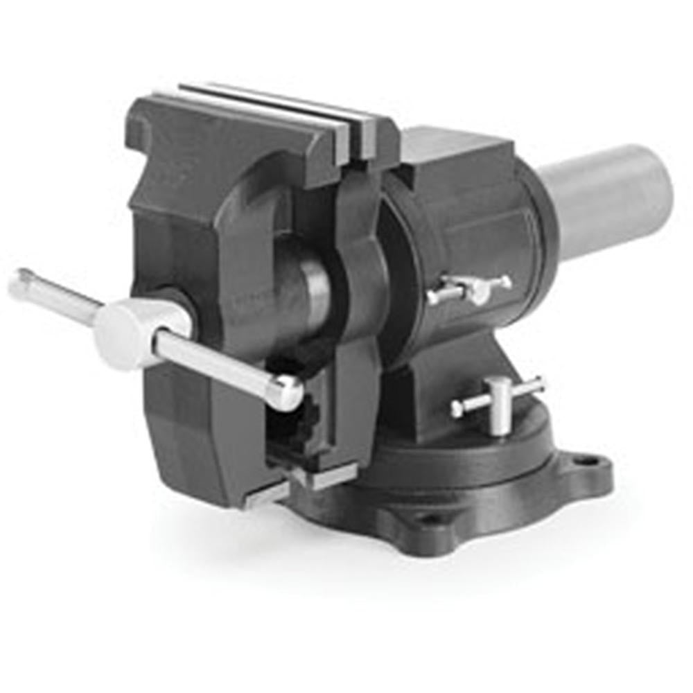Heavy-duty bench vise with a rotating base, large anvil surface, and dual-locking swivel handle.