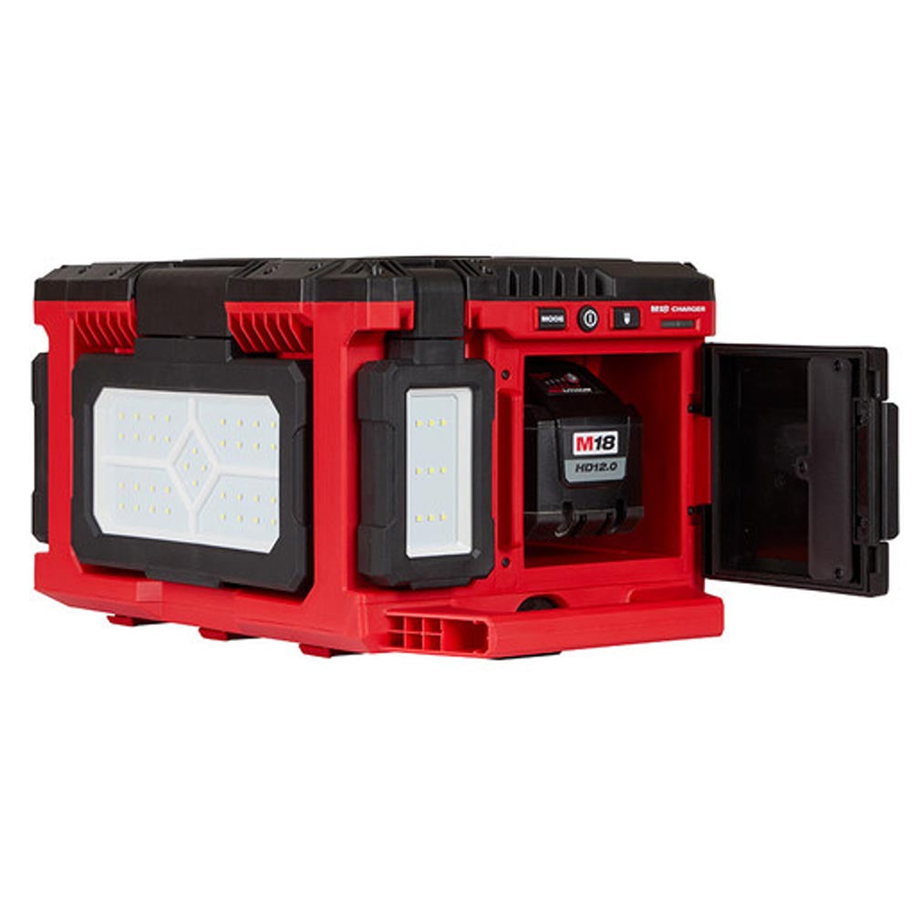 Milwaukee M18 Packout LED light and charger with three adjustable panels, built-in storage, and heavy-duty design for job site use.