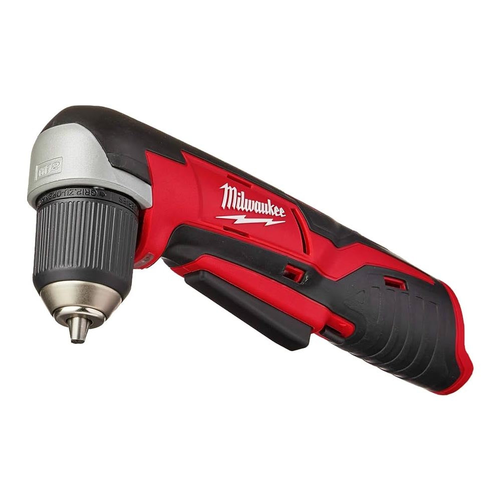 Milwaukee M12 right-angle drill with a red and black ergonomic handle and compact chuck.