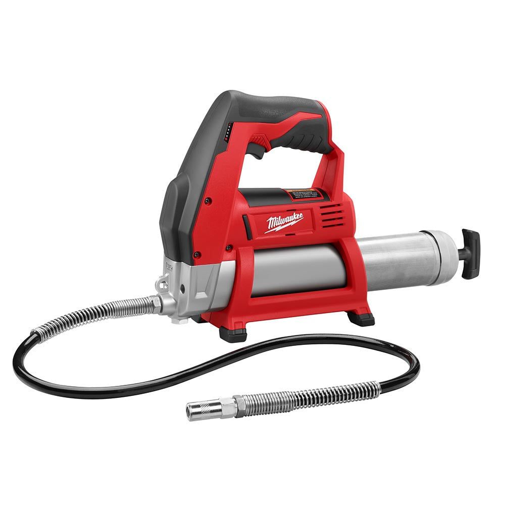 Milwaukee M12 cordless grease gun with a red and black handle and flexible hose attachment.