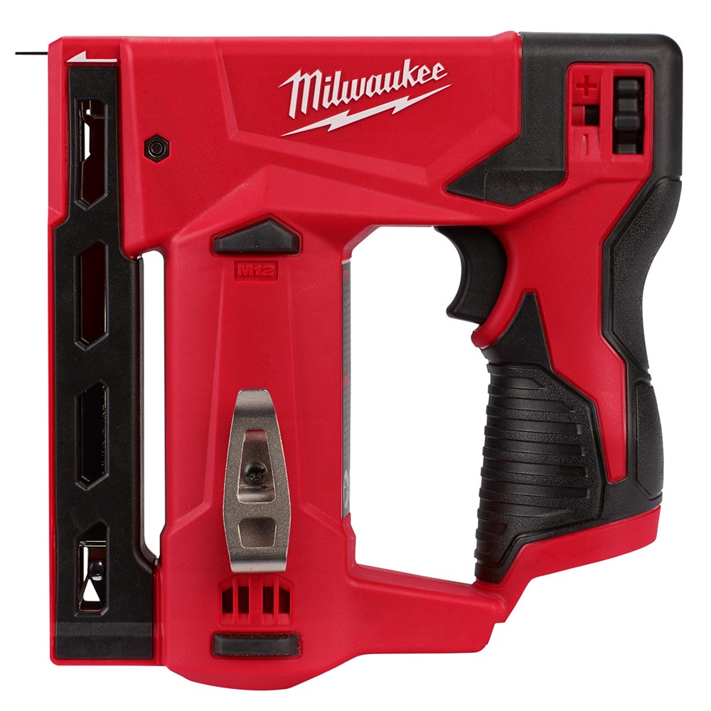 Milwaukee M12 cordless stapler in red with a black handle, featuring a compact and ergonomic design.