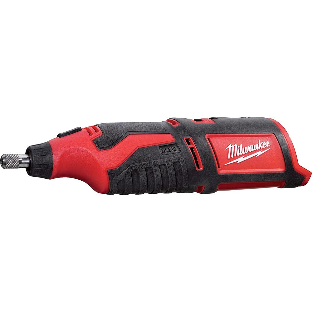 Milwaukee M12 cordless rotary tool with a red and black ergonomic design.