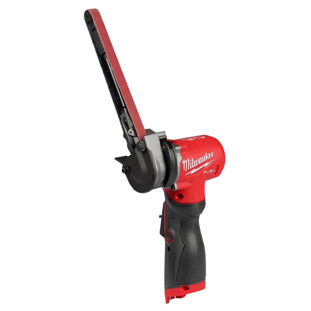 Milwaukee M12 Fuel cordless band file sander with an extended red sanding belt.
