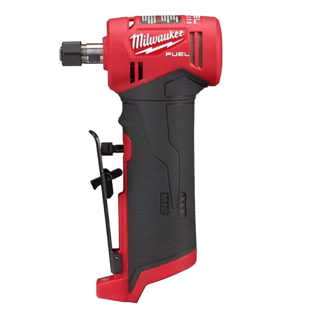 Milwaukee M12 Fuel die grinder, shown in red and black with a robust, portable design, ideal for grinding, sanding, and polishing in tight spaces.