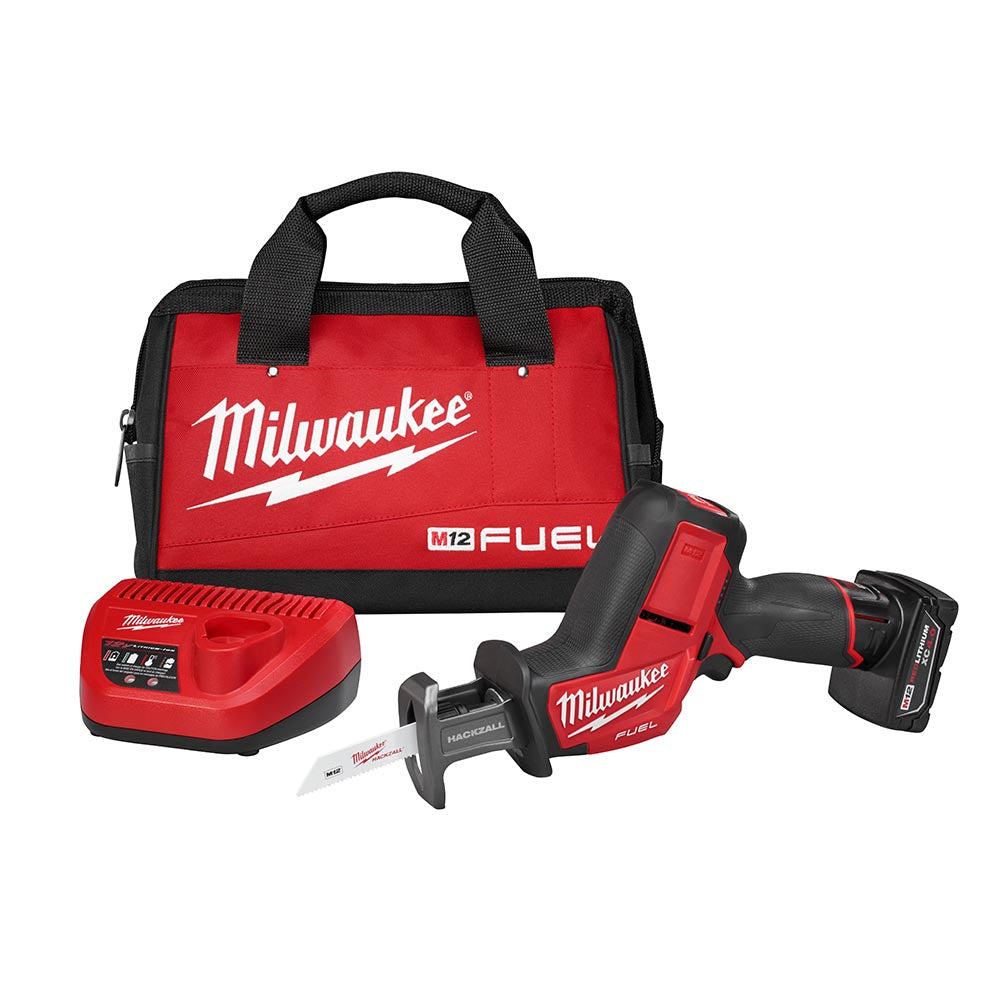 Milwaukee M12 Fuel Hackzall kit with reciprocating saw, charger, and red carrying case.