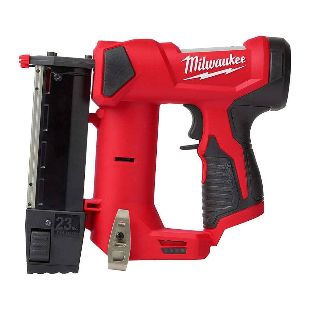 Milwaukee cordless pin nailer in a vibrant red finish, with a black magazine for 23-gauge nails, designed for precision and ease of use in fine woodworking.
