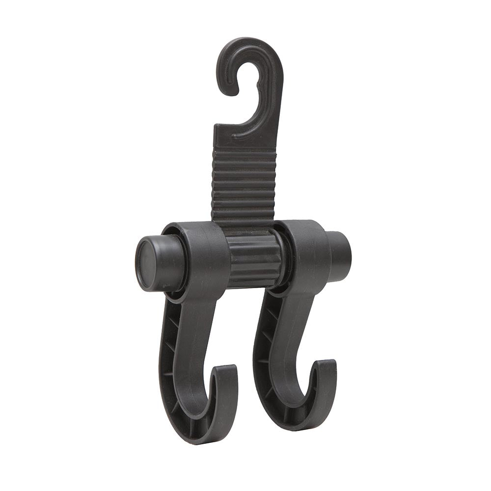Dual hook hanger with a ribbed body and rotating design, featuring two curved hooks and a top hanging hook.