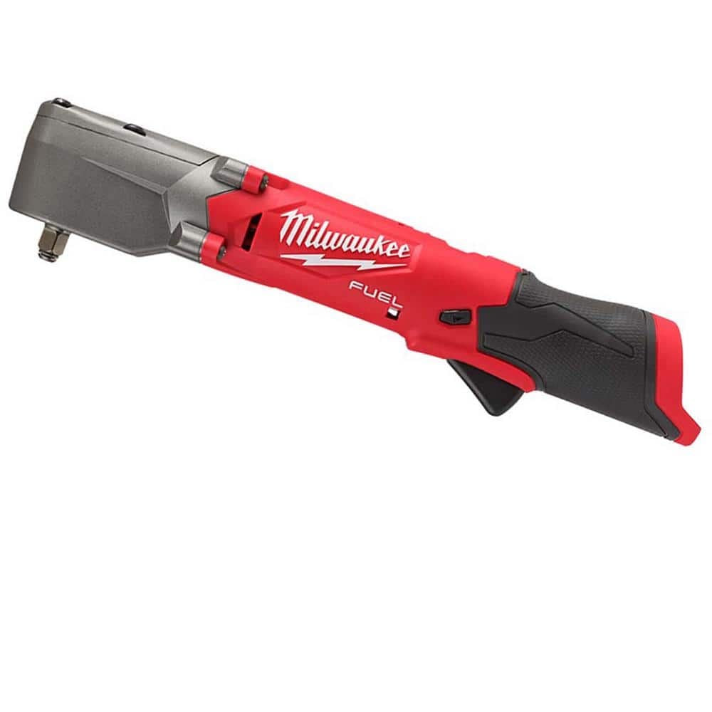 A red and black Milwaukee M12 Fuel right-angle impact wrench, designed with an ergonomic handle and angled head, ideal for working in hard-to-reach places.