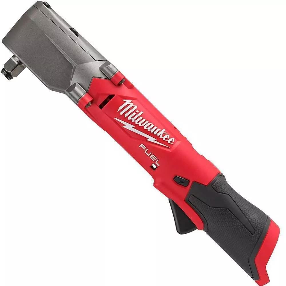 Milwaukee M12 Fuel right-angle impact wrench, shown in red and black, with a specialized angled head for improved reach and maneuverability in confined areas.