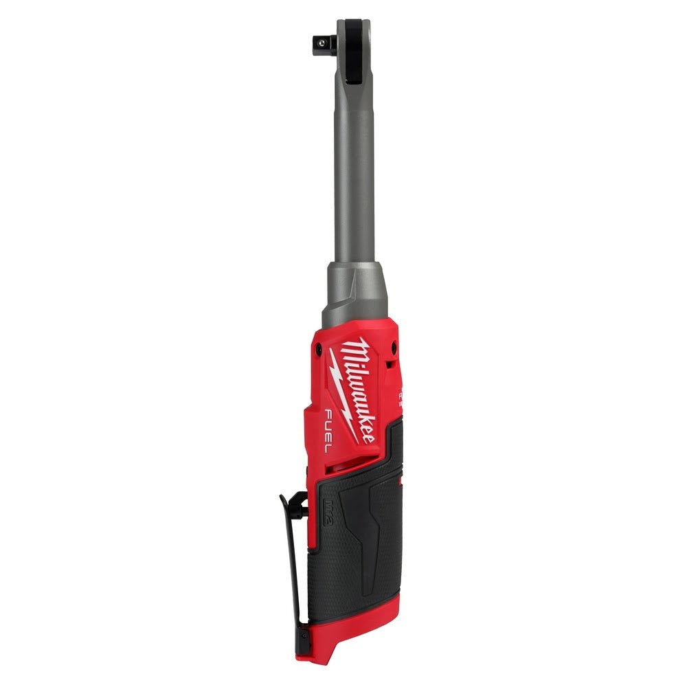 A red and black Milwaukee M12 Fuel ratchet, featuring a long, narrow body and a durable anvil head, perfect for professional automotive or mechanical work.