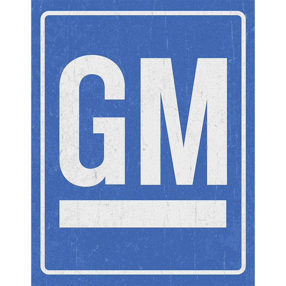 Simple sign featuring the bold "GM" logo in white against a blue background with a weathered, vintage look.
