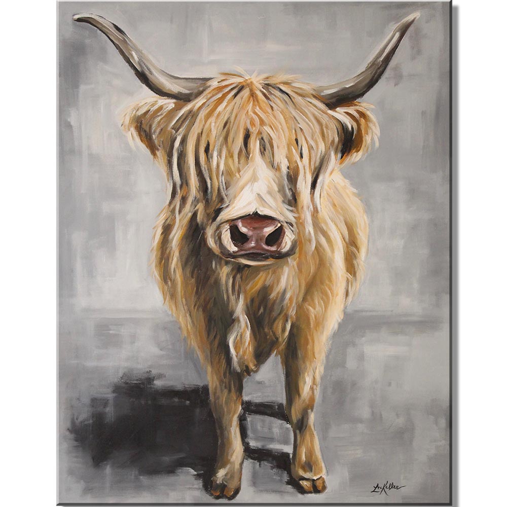 Sign featuring a painted Highland cow with long horns and shaggy fur, centered against a neutral background.