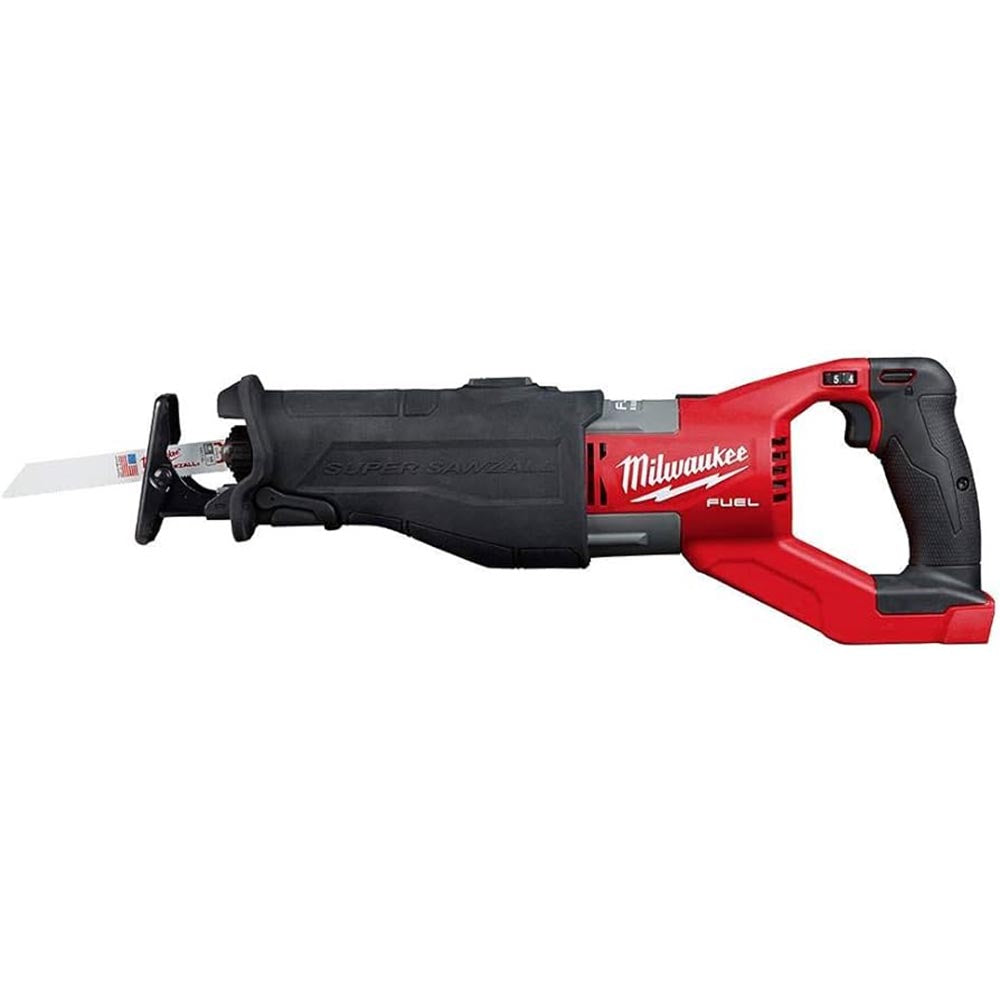 Milwaukee M18 FUEL SUPER SAWZALL with a reinforced body, rubberized grip, metal shoe, and quick-change blade clamp.