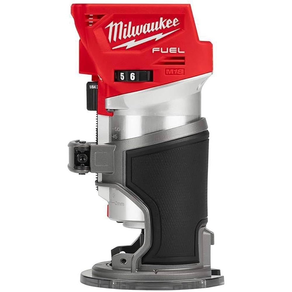 Milwaukee M18 Fuel compact router, designed for precise edge routing and detailed woodworking with an adjustable depth control.