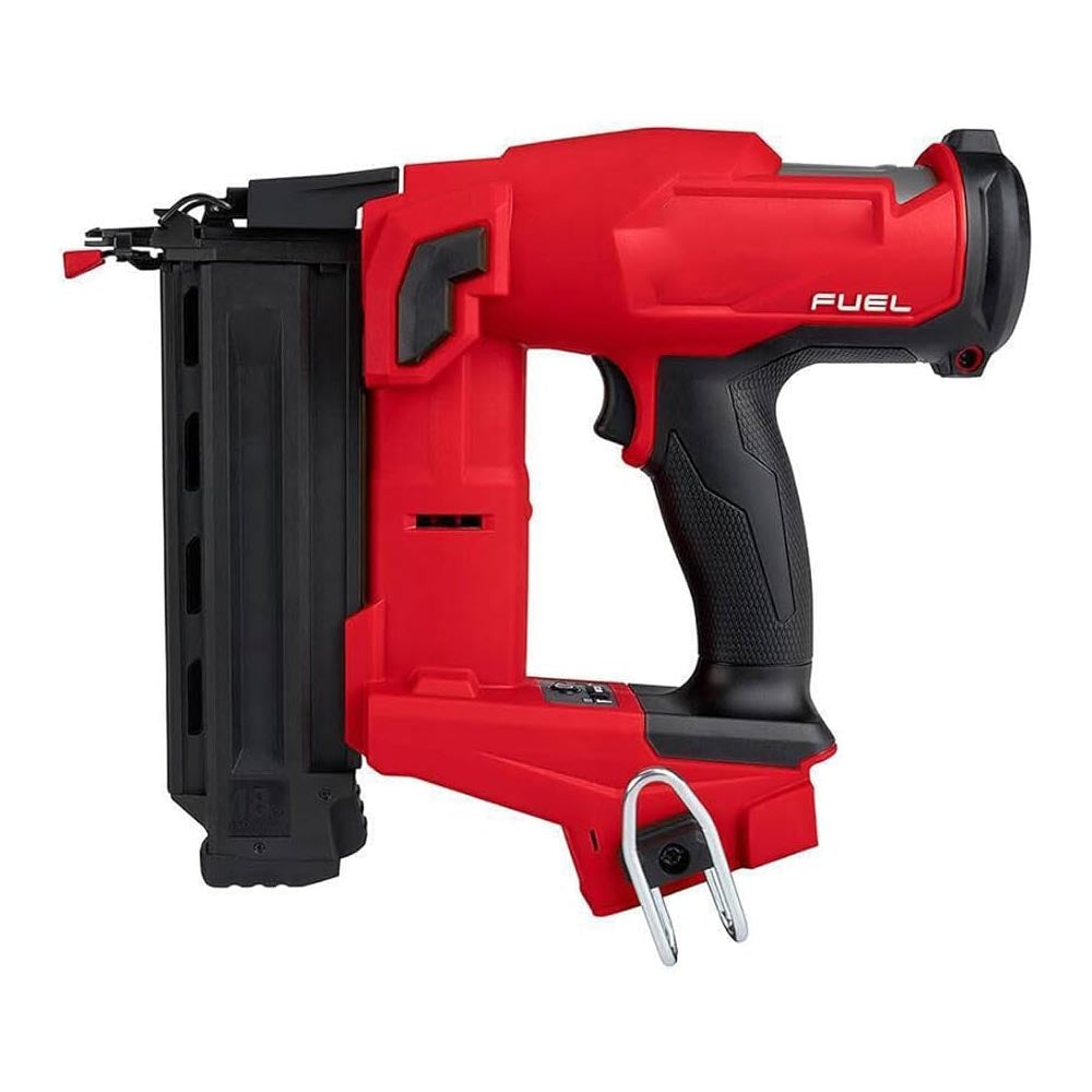 Milwaukee M18 FUEL nailer with a sleek, compact design featuring a textured grip, adjustable belt hook, and magazine for nail storage.