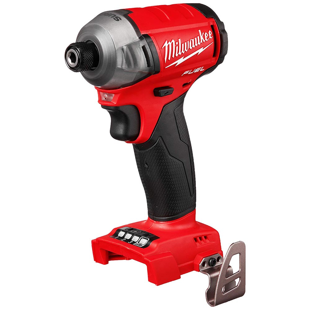 Milwaukee M18 FUEL Surge impact driver with a compact design, featuring a textured grip, LED light, and adjustable belt clip.