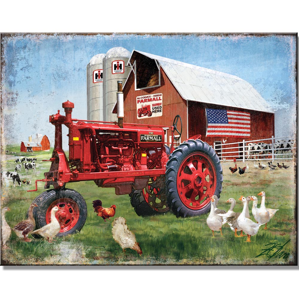 Vintage farm scene with a red Farmall tractor in the foreground, geese, and chickens, with a barn in the background.