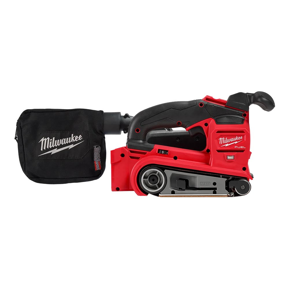 Milwaukee M18 Fuel belt sander with dust collection bag, ergonomic handle, and robust design for heavy-duty sanding