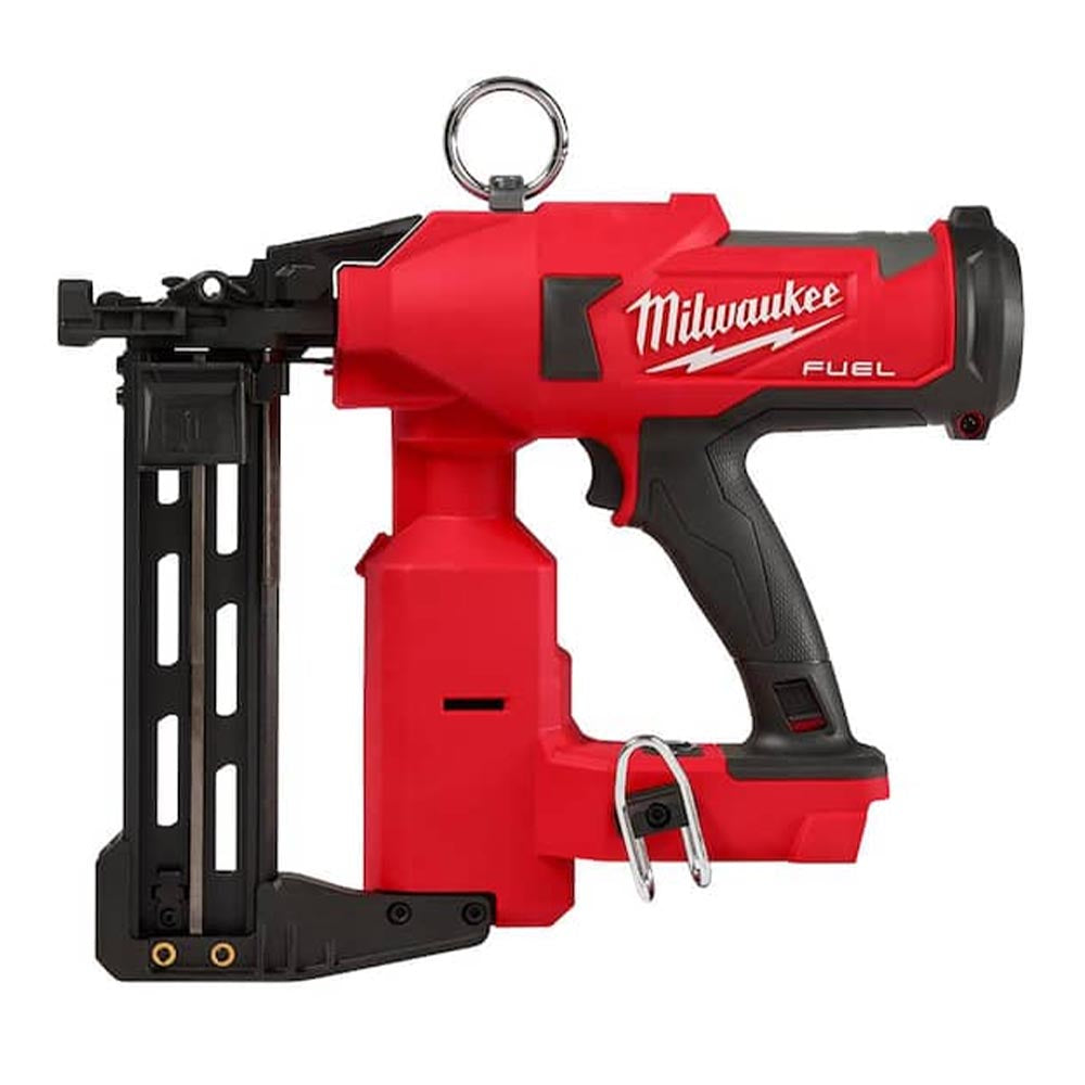 Milwaukee M18 Fuel nailer with ergonomic handle, adjustable depth settings, and durable build for precise nailing tasks.
