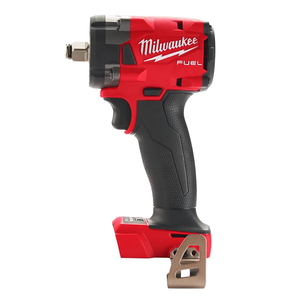 Milwaukee M18 FUEL impact wrench with a compact, durable design, featuring a textured grip, square drive, and adjustable belt clip.